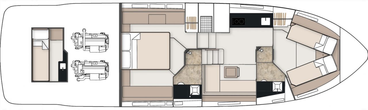 План нижней палубы Fairline Squadron 50 с двумя каютами