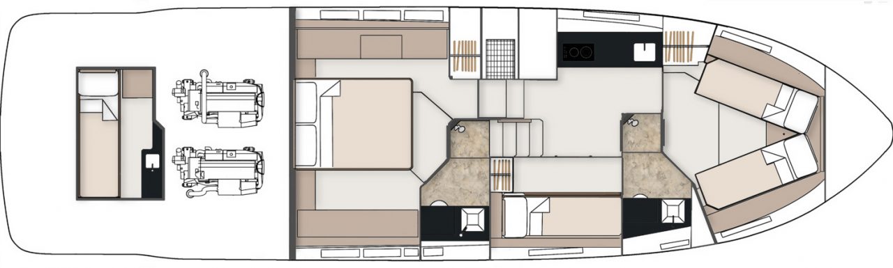 План нижней палубы Fairline Squadron 50 с тремя каютами