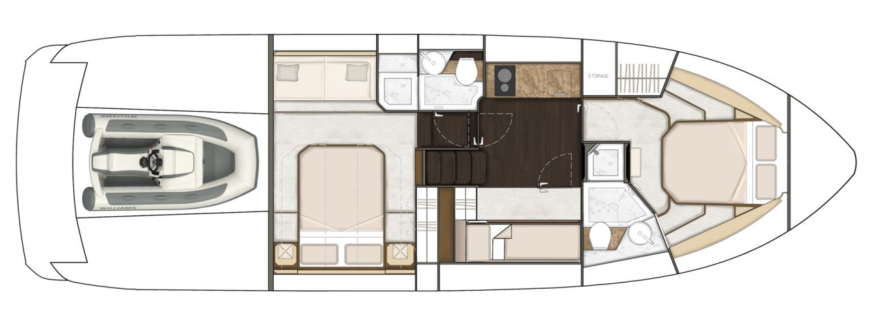 План нижней палубы Targa 45 GT с тремя каютами, мастер-каюта в носу