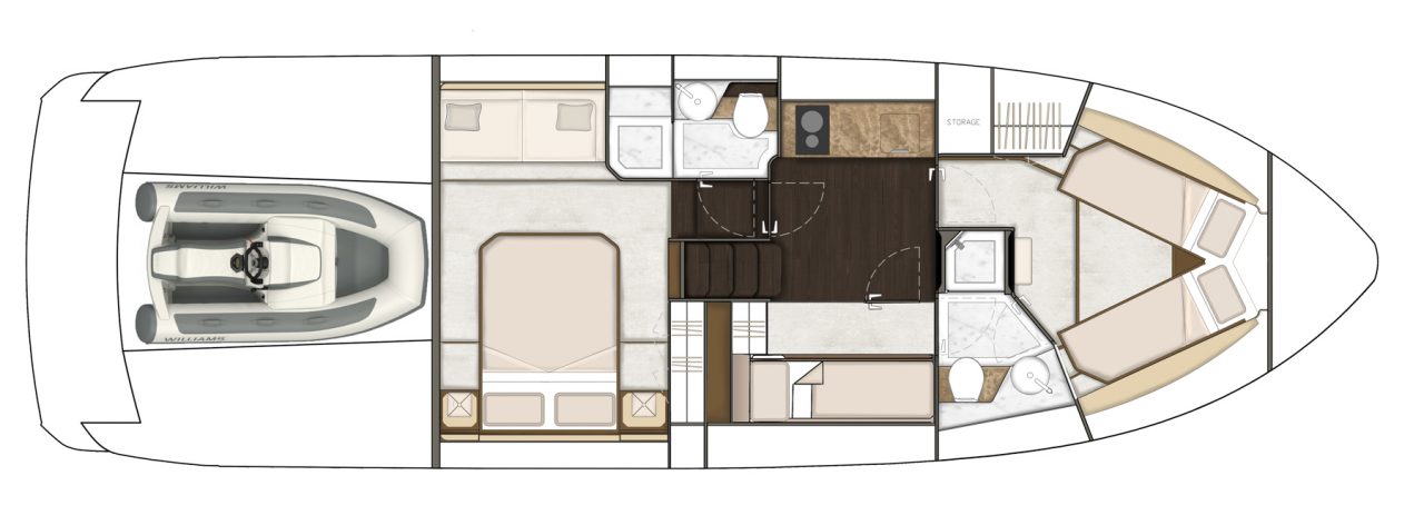План нижней палубы Targa 45 GT с тремя каютами, мастер-каюта на миделе